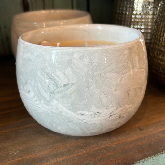 Candle in Marbled Gray and White jar.