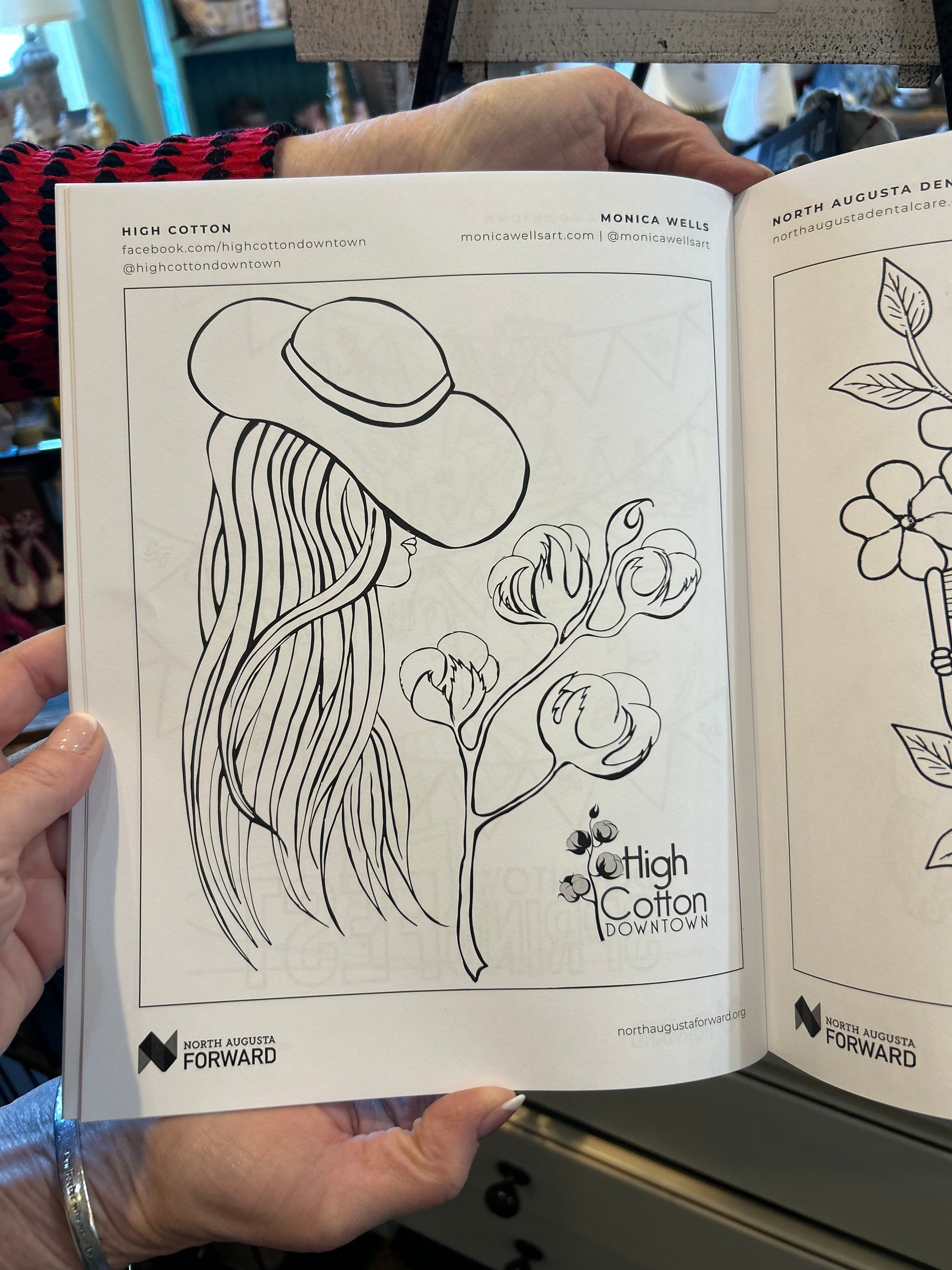 Preview of North Augusta, SC coloring book depicting a girl with long hair and a sun hat.