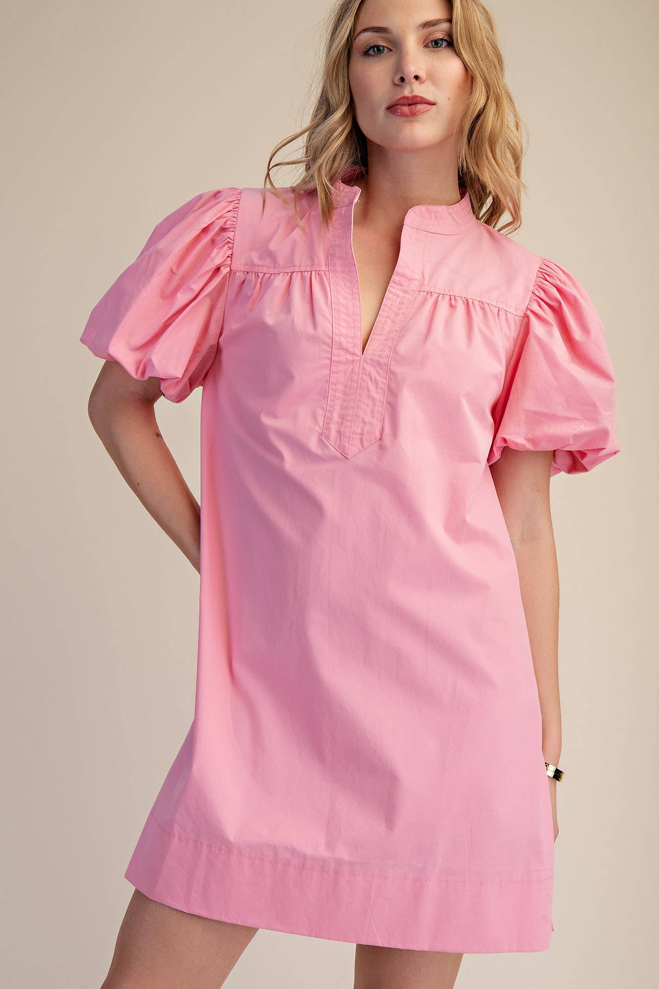 China Collar V-Neck Bubble Sleeve Mini Dress