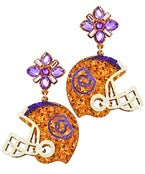 Orange and purple bejeweled Clemson Helmet Earrings.