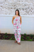 Womens Romantic Floral Smocked One Shoulder Jumpsuit