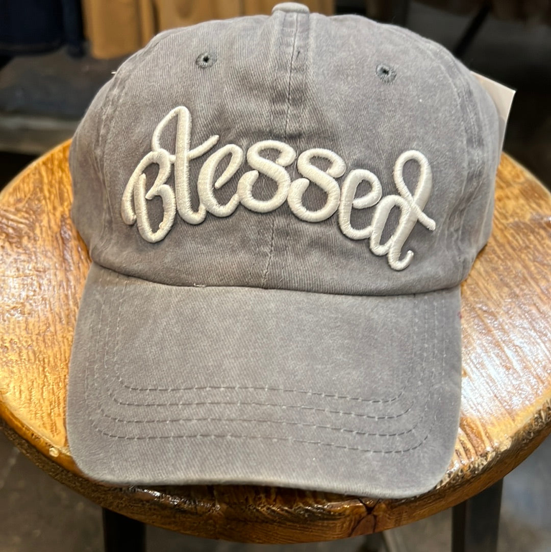 Gray women's hat featuring "Blessed".