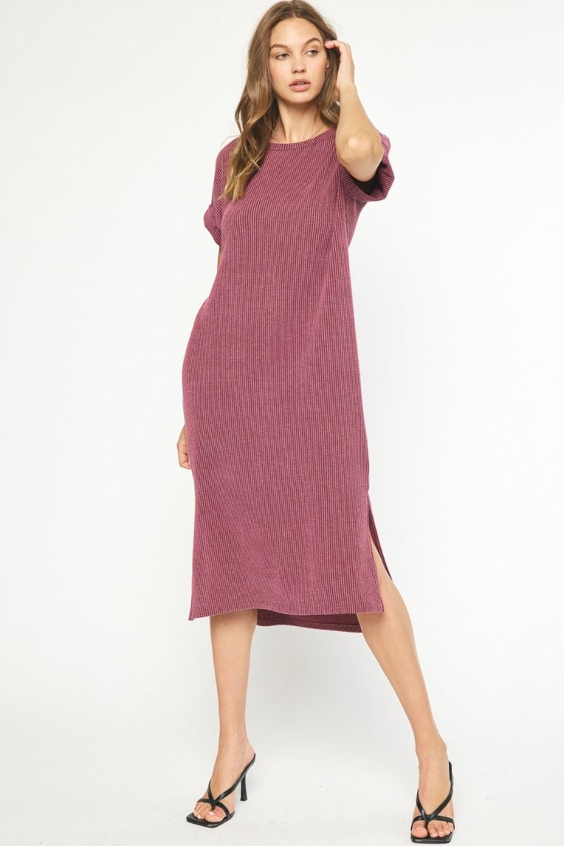 Model featuring wine ribbed t-shirt midi dress.