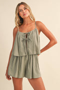 TIERED, FLOWY ROMPER/ FRONT-TIE ACCENTS AND TEXTURED