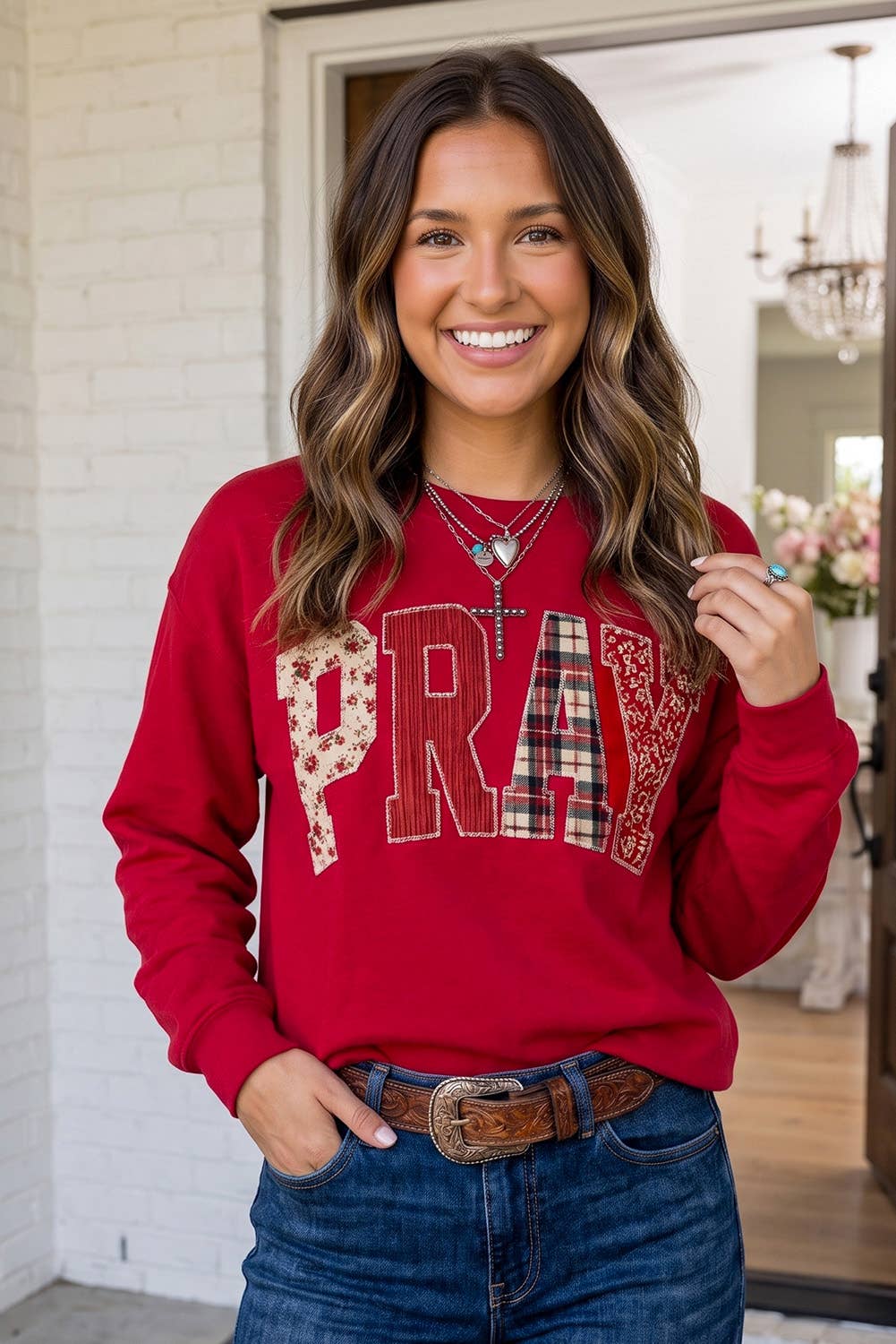 LA Society - LAS Western PRAY Plaid Letter Patchwork Sweatshirt (S-4X)