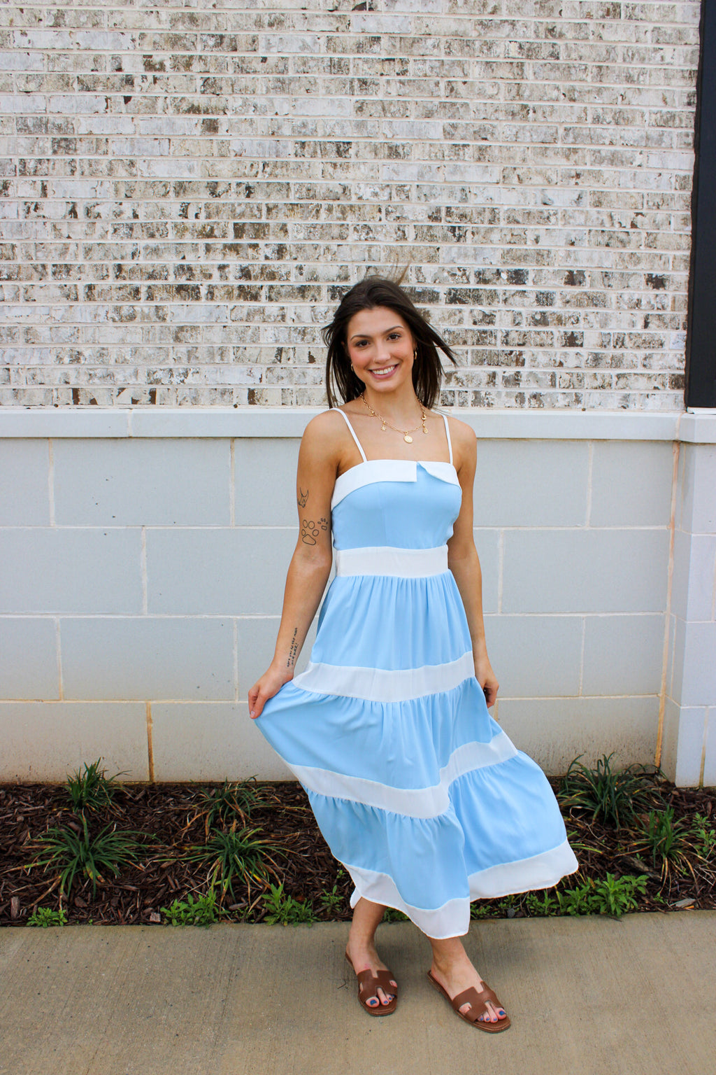 Tiered Midi Dress with Alternating Contrast Stripes
