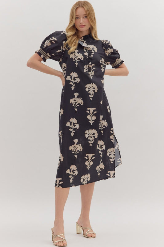 Black and Tan Botanical Dress