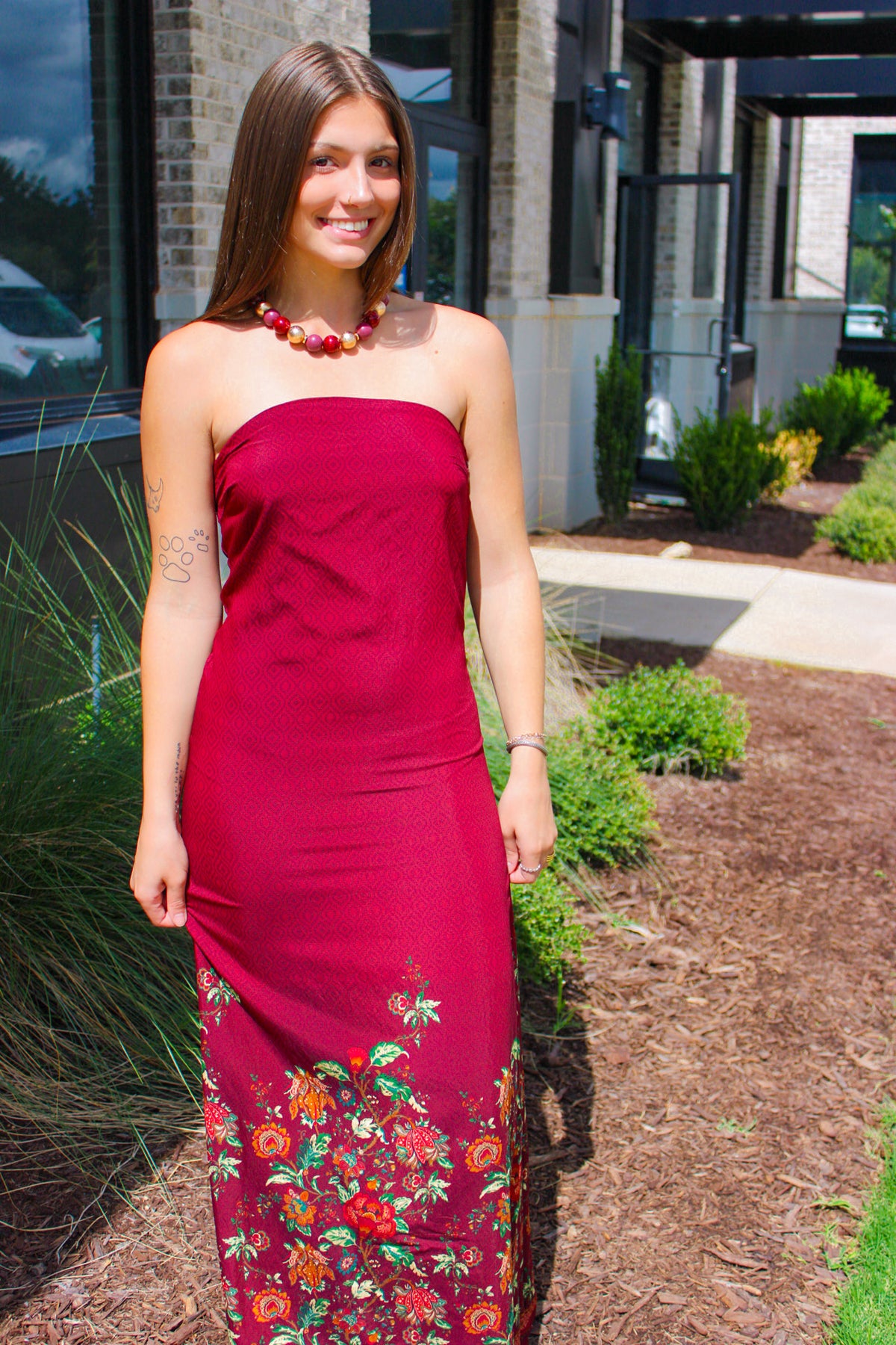 Border Floral Strapless Maxi Dress
