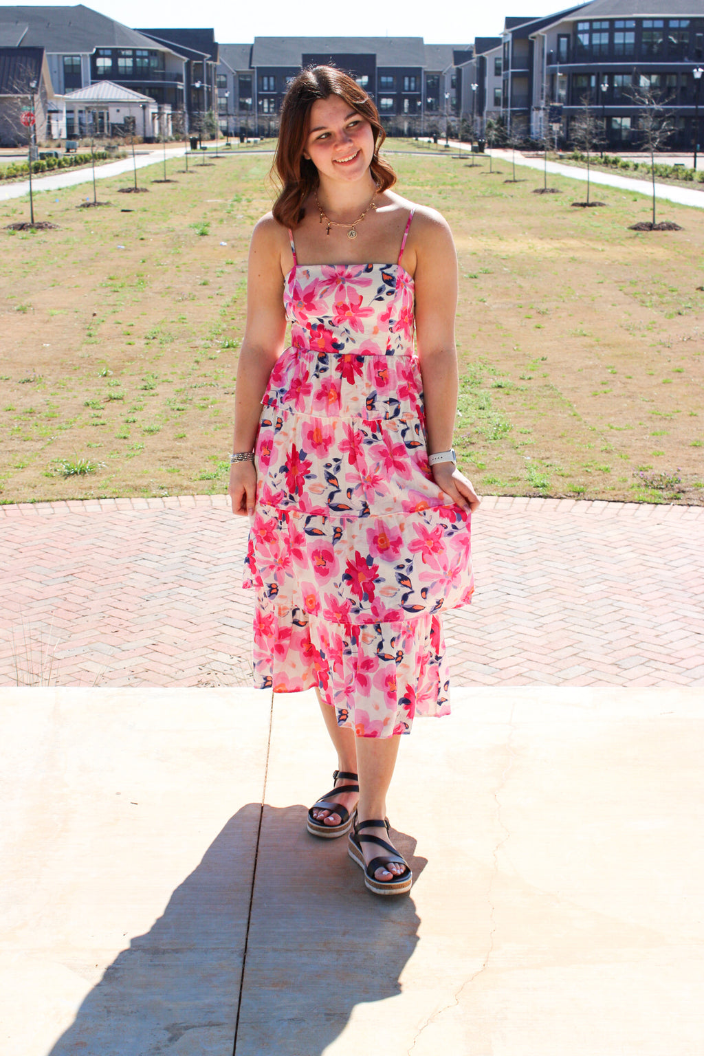 Floral Print Open Back Self Tie Bow Midi Dress