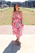 Floral Print Open Back Self Tie Bow Midi Dress