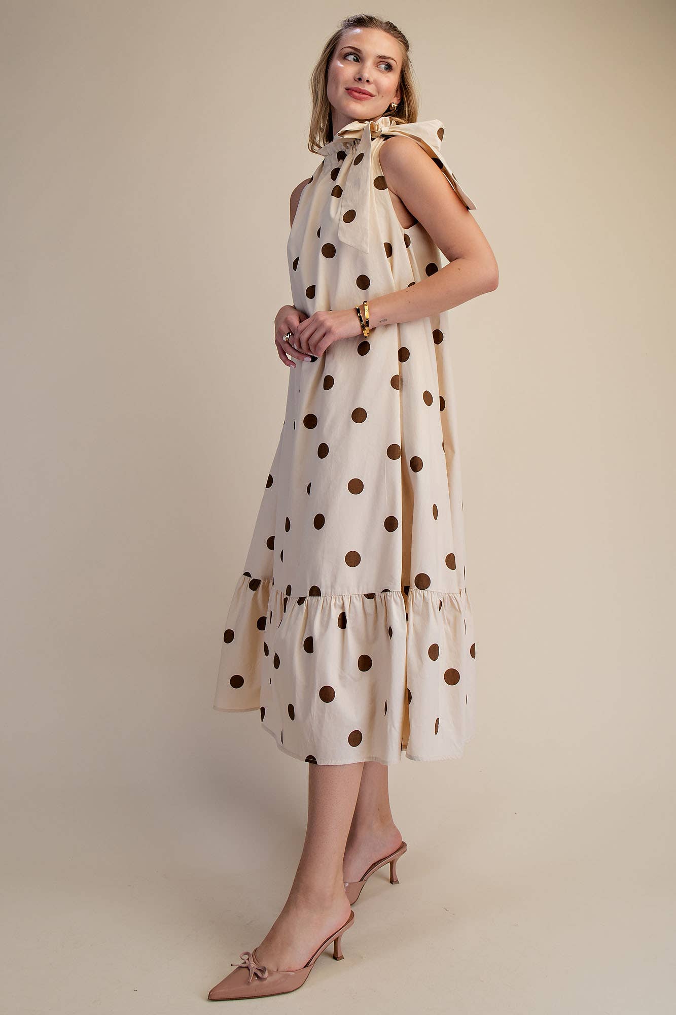 Ruffle Neck Tie Polka Dot Sleeveless Midi Dress