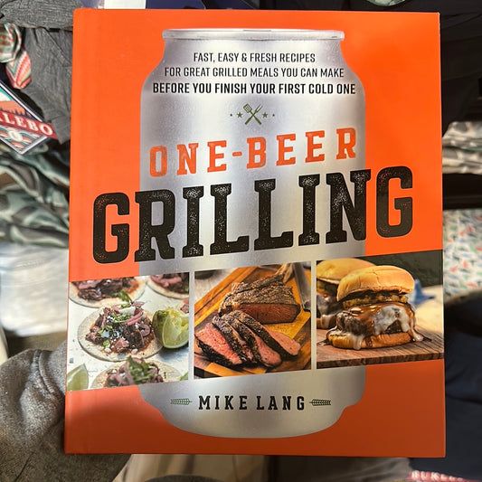 Orange book with silver beer can titling "One-Beer Grilling".
