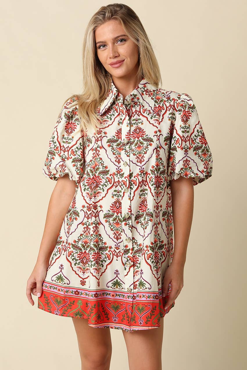 Olivaceous - Mary Print Puff Sleeve Mini Dress