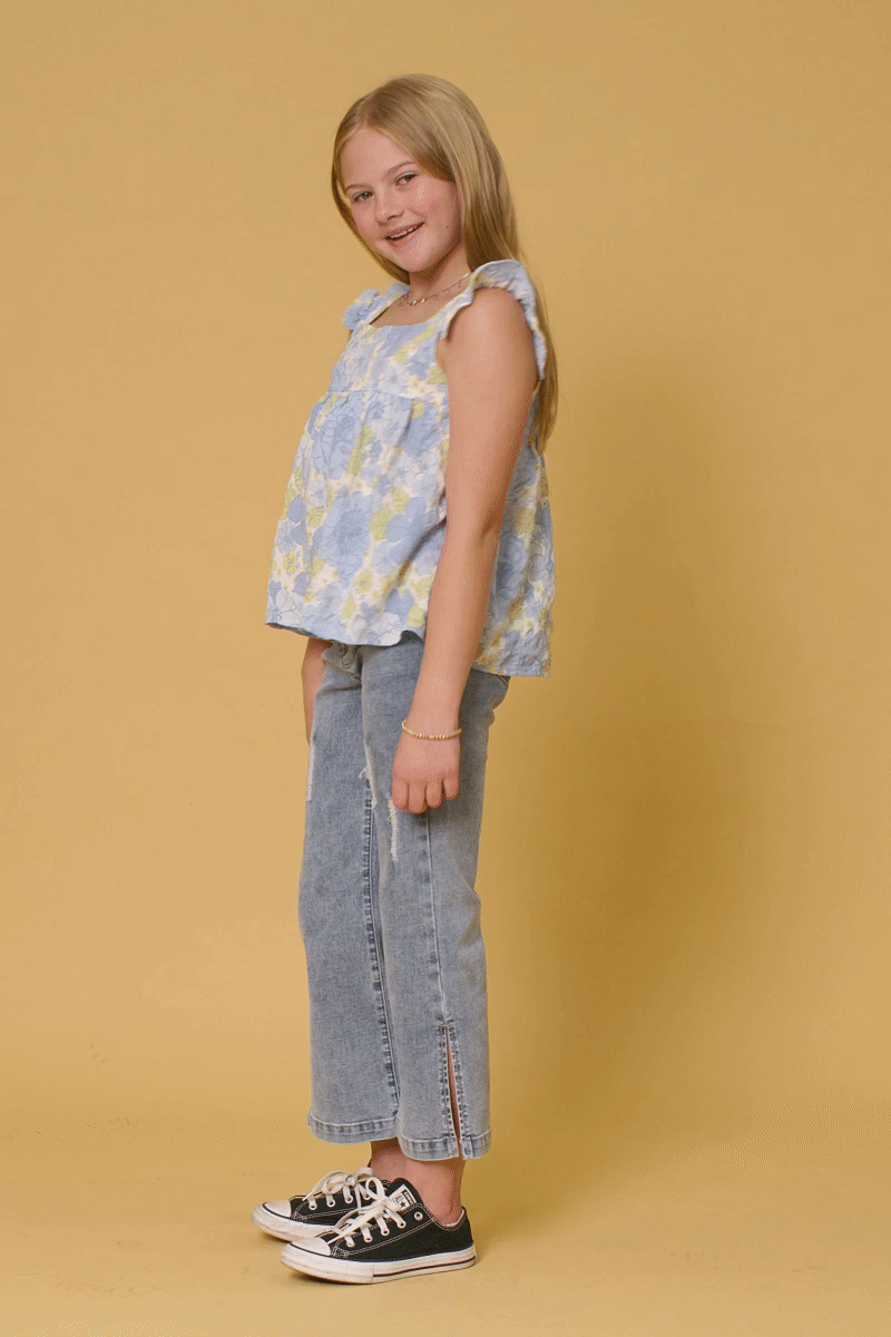 Hayden LA - Girls Textured Floral Button Back Ruffle Tank