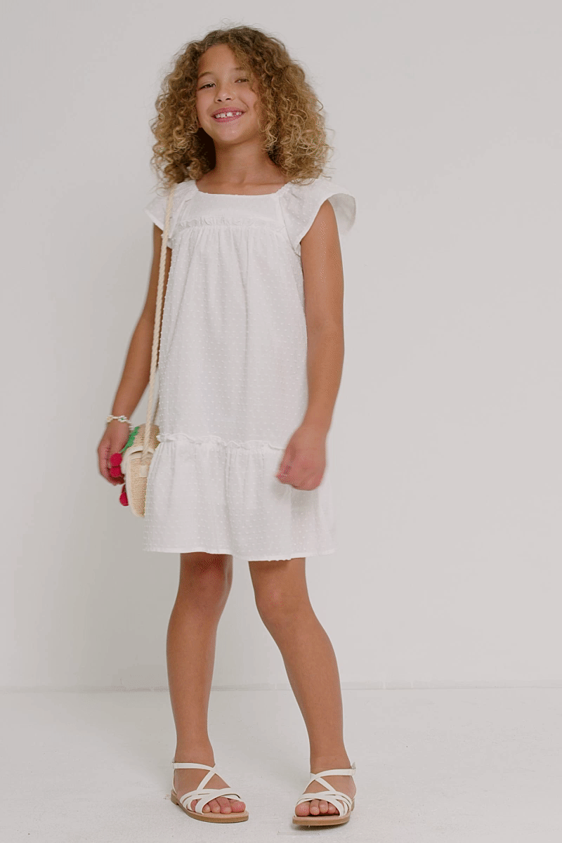 Girls Swiss Dot Ruffled Seamed Ruffle Shoulder Dress