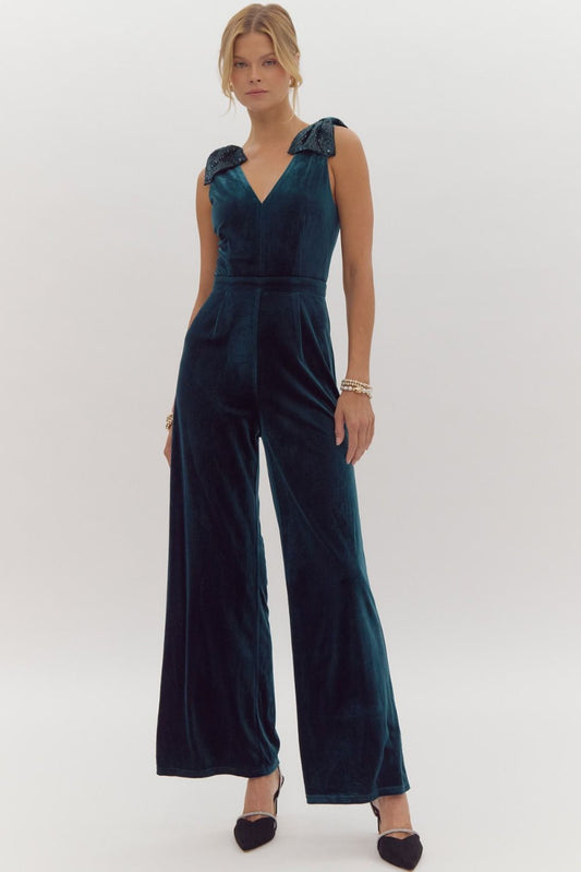 Velvet Wide Leg Jumpsuit W/ Sequin Bow Shoulder