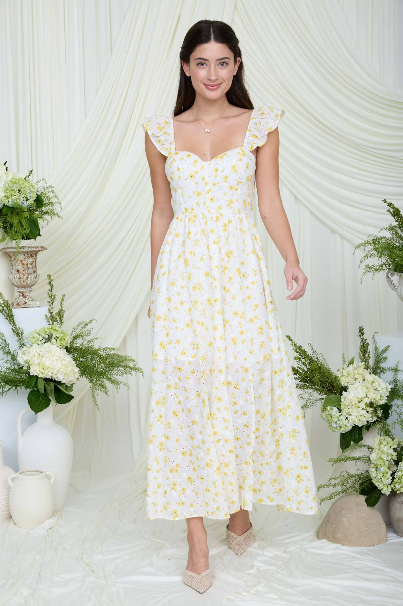 Blu Pepper - FLORAL EYELET PATTERN FRONT SLIT CORSET MIDI DRESS