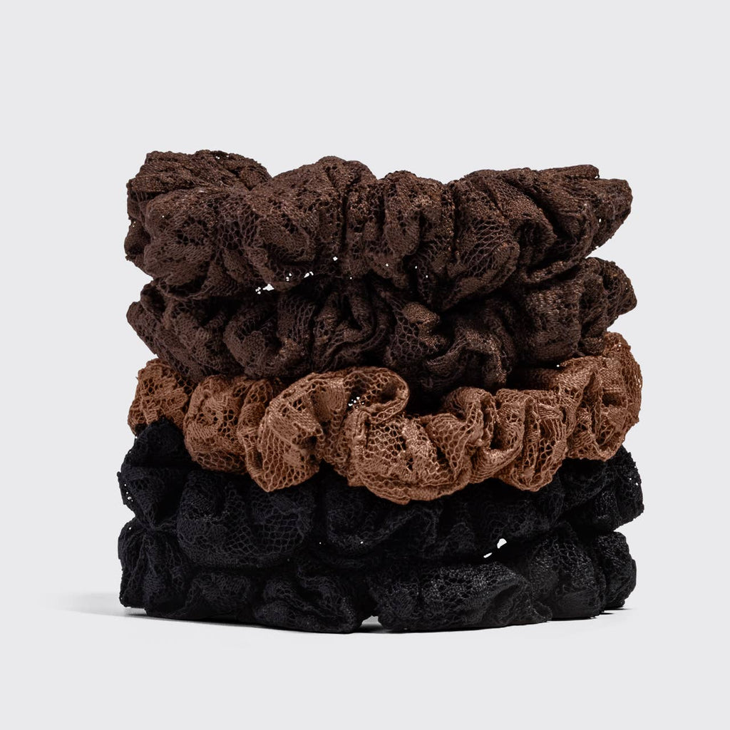 KITSCH - Ruched Lace Scrunchies 5pc Set - Black, Chocolate & Mocha