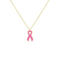 Pink ribbon pendant with a heart in the center on a gold colored chain.