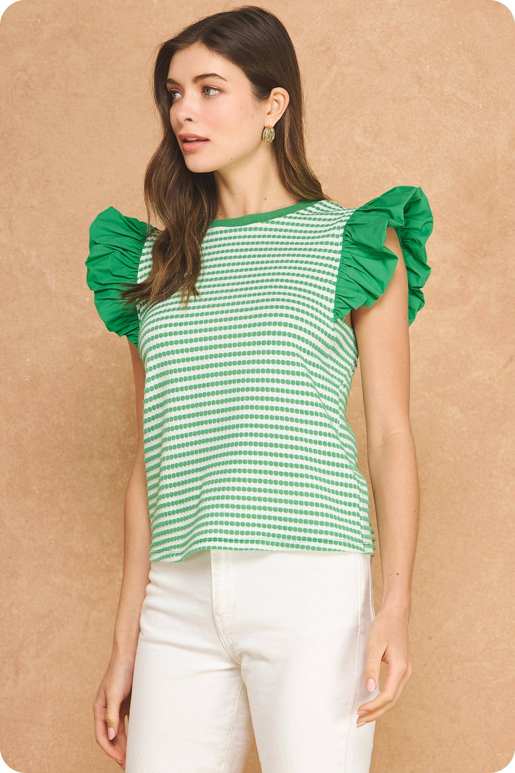 Strut & Bolt - Textured Stripe Bubble Ruffle Sleeve Knit Tee Top