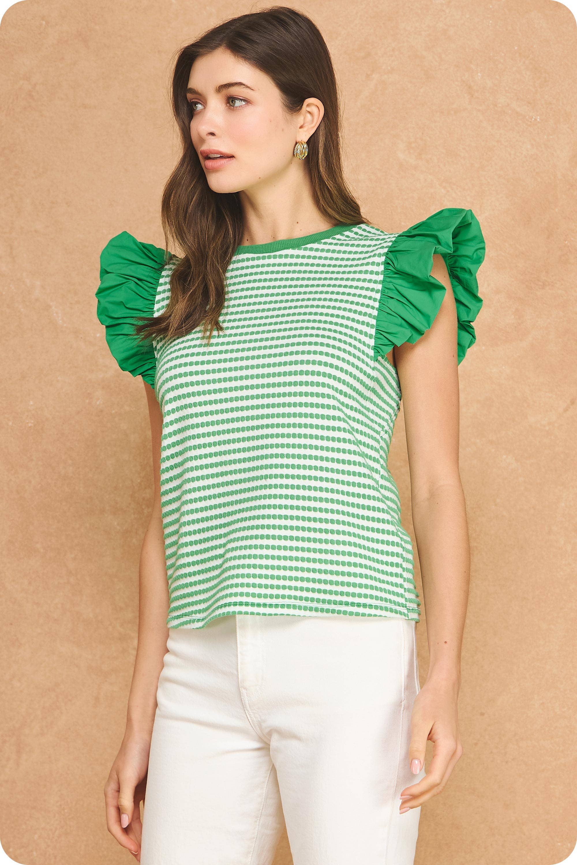 Strut & Bolt - Textured Stripe Bubble Ruffle Sleeve Knit Tee Top