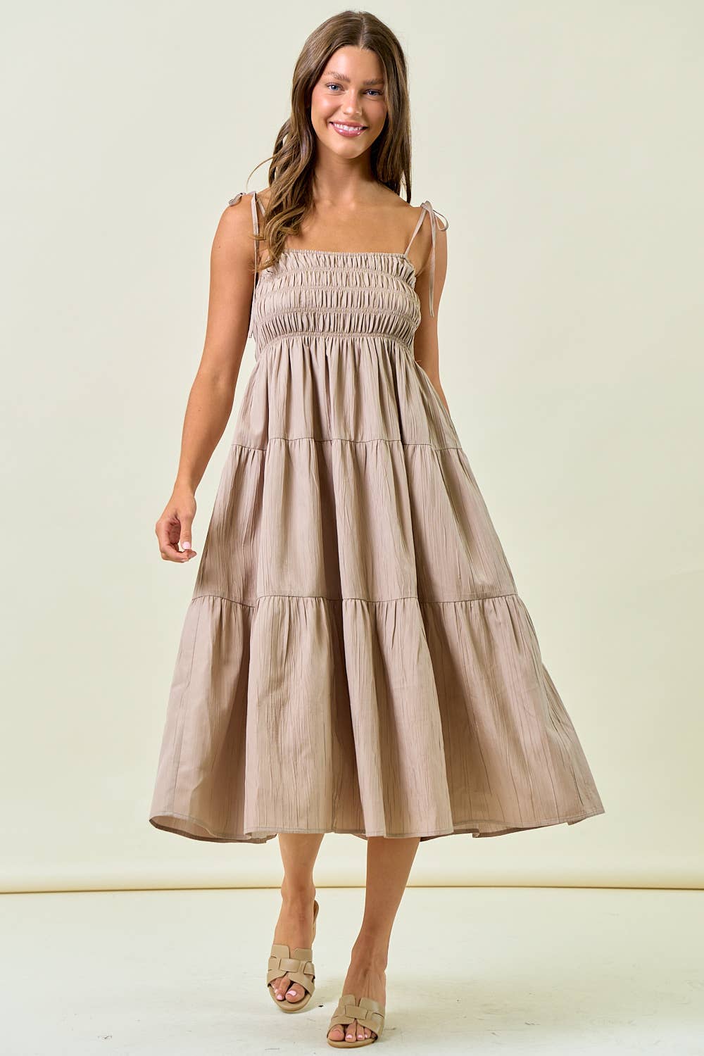 Crinkle Textured Tie Strap Tiered Midi Dress