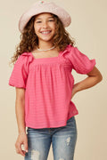 Girls Square Neck Ruffle Shoulder Textured Top