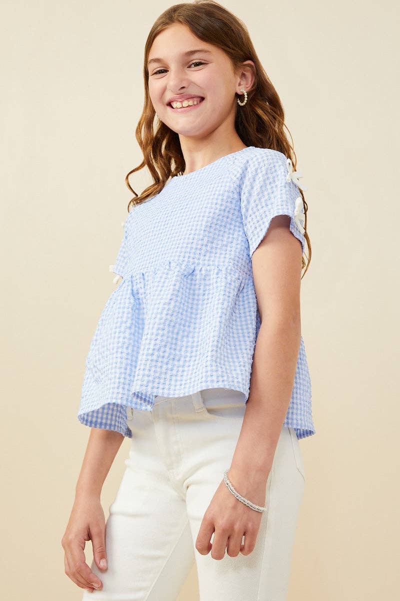 Girls Contrast Ribbon Gingham Babydoll Top