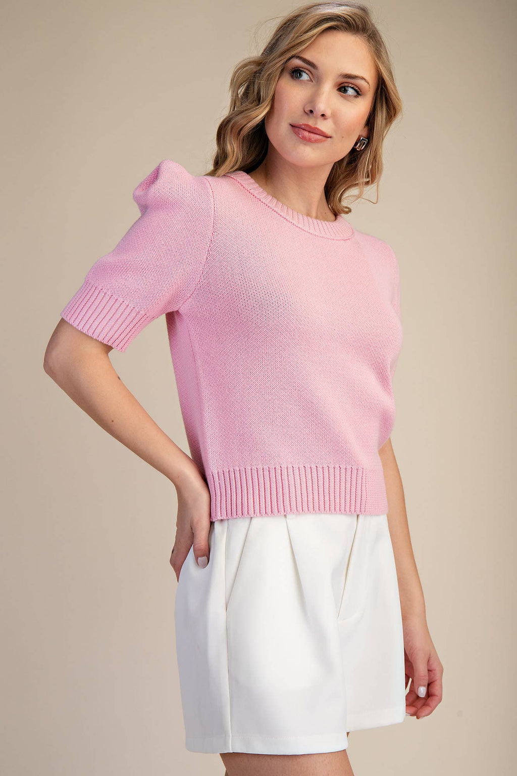 Round Neck Short Sleeve Sweater Knit Top