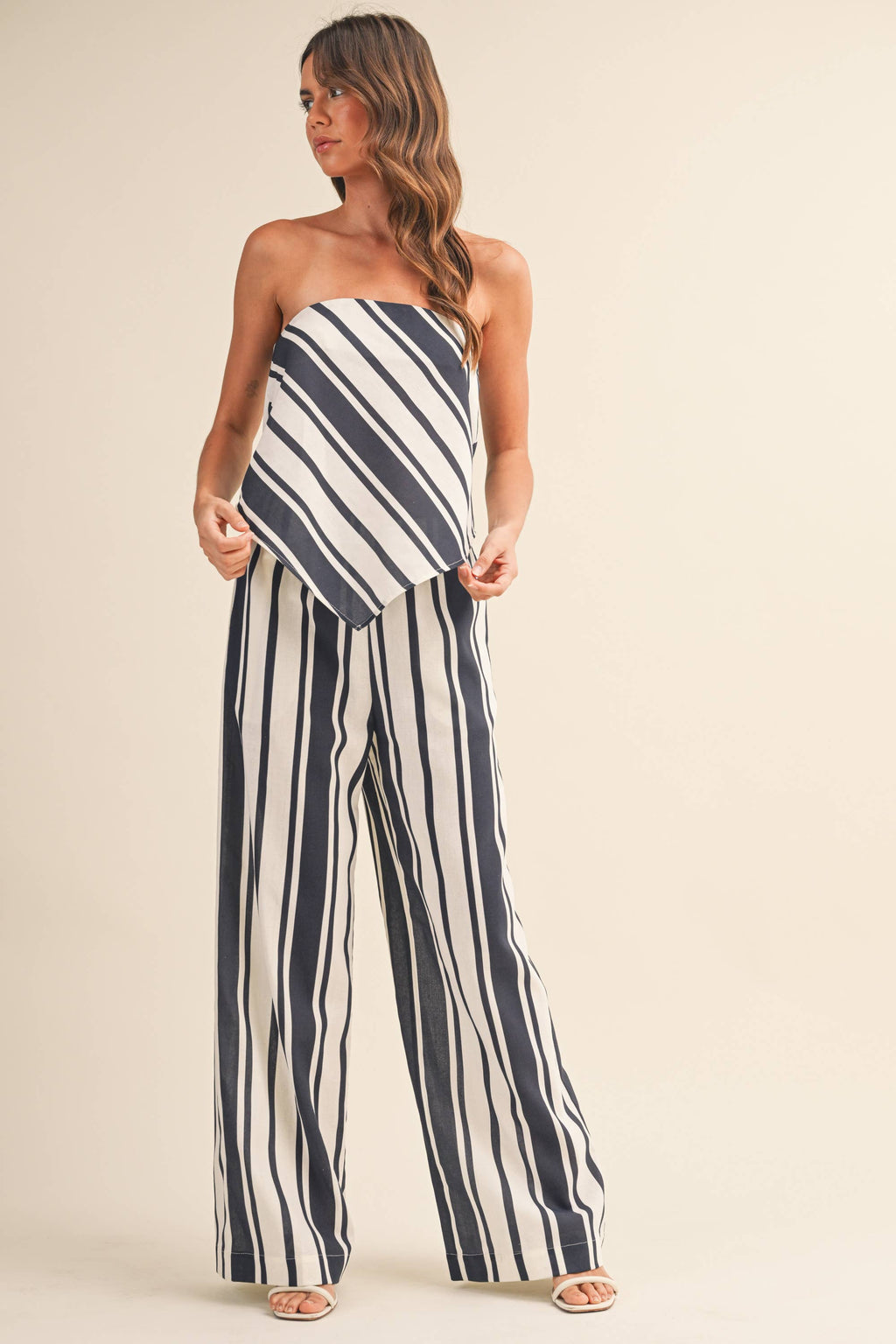 Klesis - IST6376 STRIPED LINEN TUBE TOP AND WIDE LEG PANTS SET