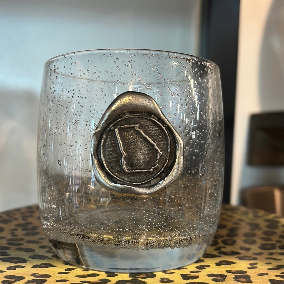 Hand blown drinking glass with custom pewter Georgia stamp.