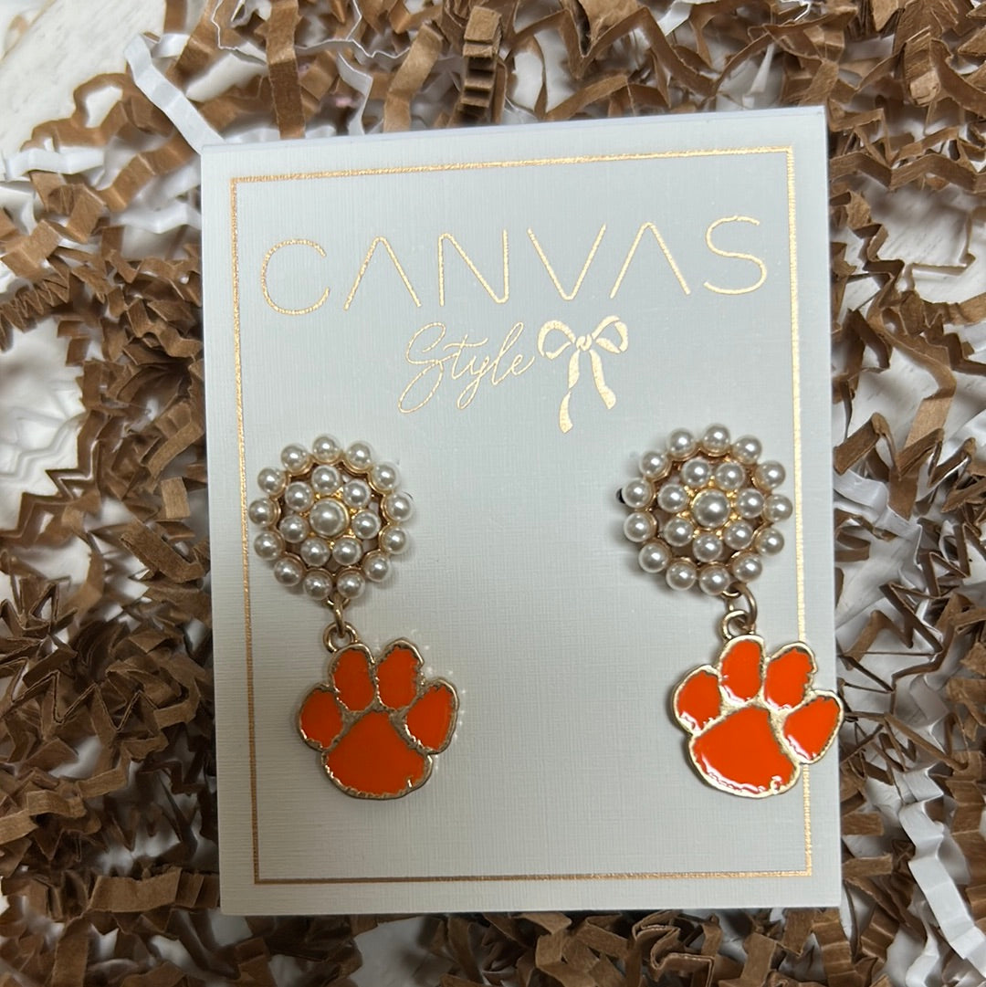 Clemson University college drop earrings with pearl cluster studs featuring a tiger paw.