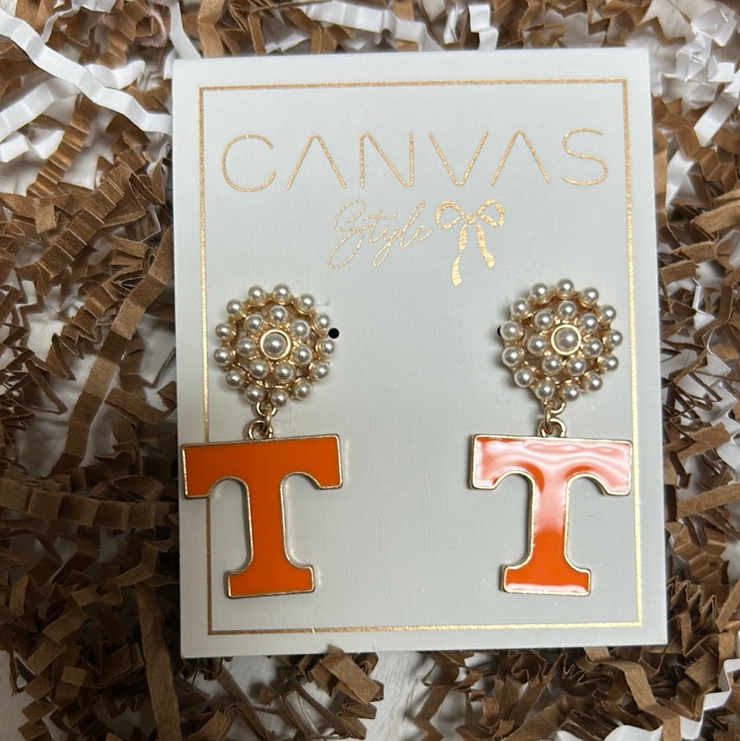University of Tennessee college drop earrings with pearl cluster studs featuring "T" emblem in orange.