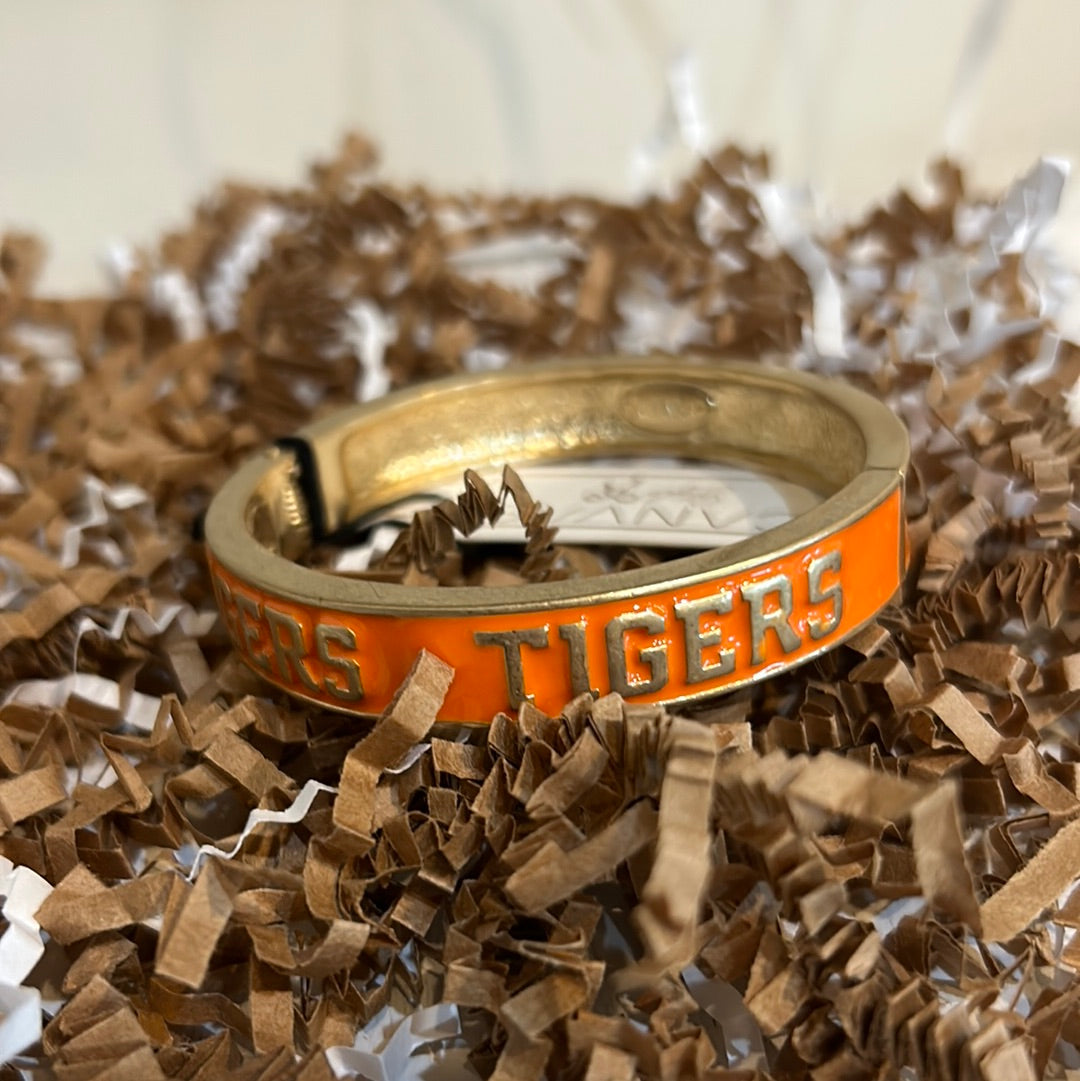 Gold and orange College Enamel Hinge Bangle with "TIGERS".
