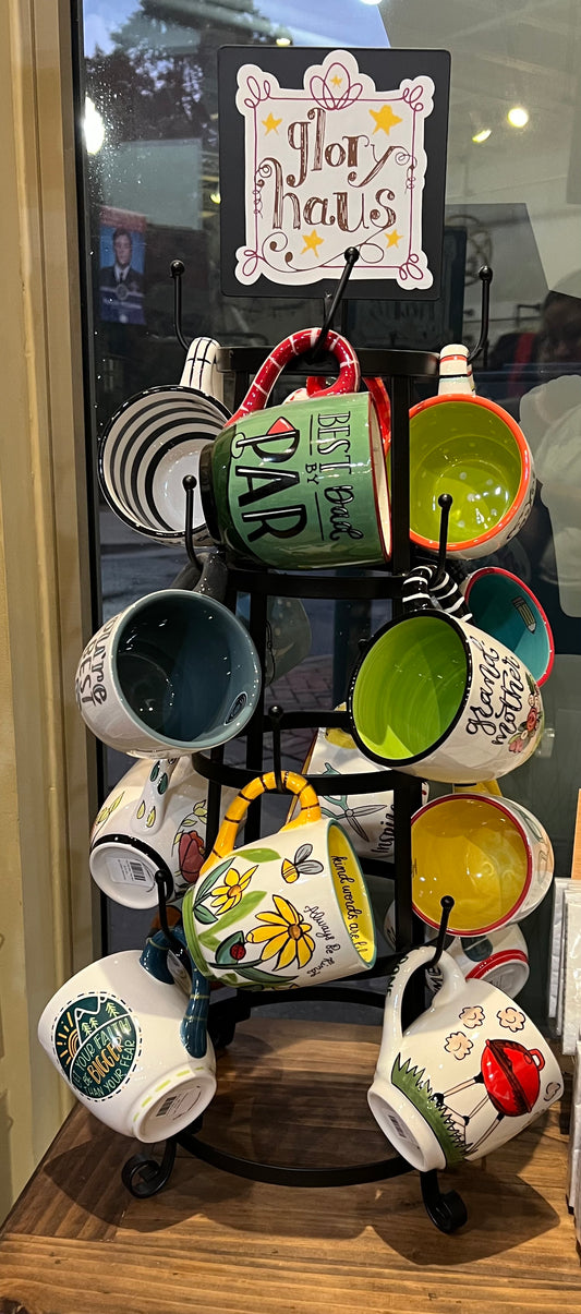 Assorted handmade mugs.