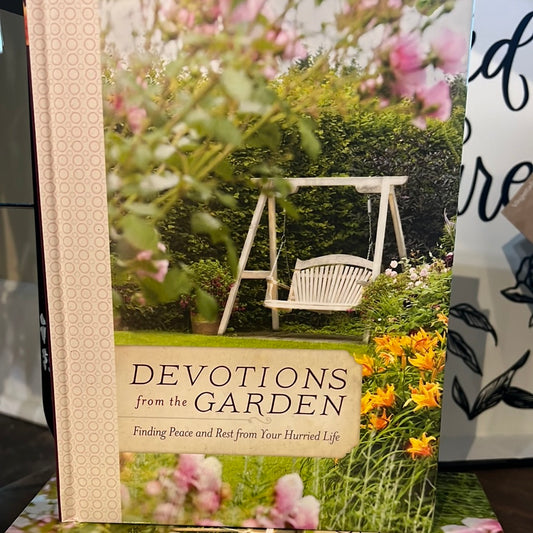 Book with a garden on the cover with a swing feautring "Devotions on Finding Peace and Rest from Your Hurried Life"