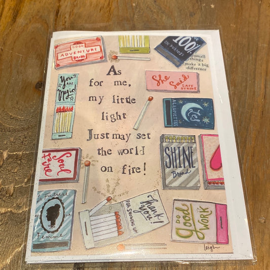 Card with matchboxes featuring “As for me, my little light just may set the world on fire!” 