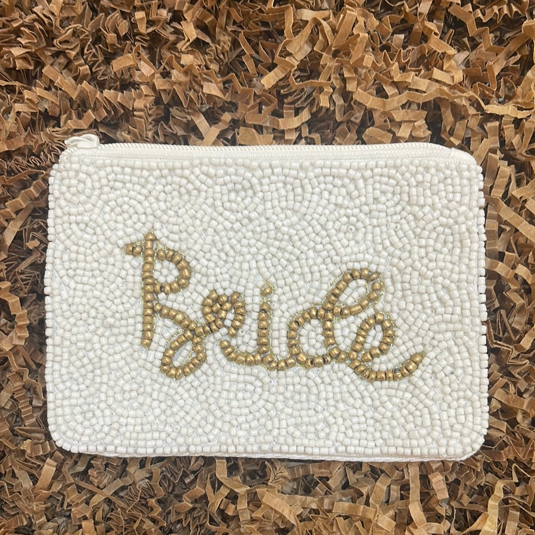 Hand sewn white beaded coin purse featuring "Bride".