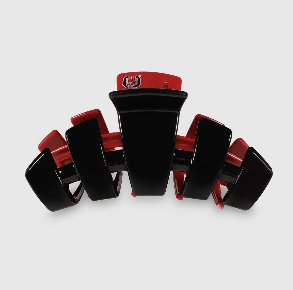 University of South Carolina Collegiate Teletie Claw Clip in garnet and black. Side view.