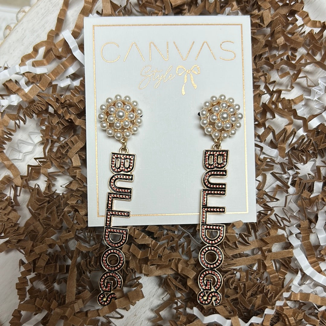 University of Georgia college drop earrings with pearl cluster studs featuring "BULLDOGS" in black and red.