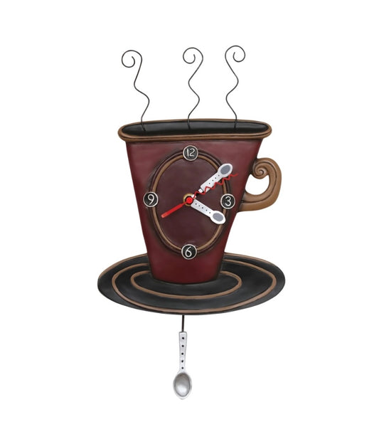 Clocked shaped like a dark red mug, on a saucer with spoons as hands.