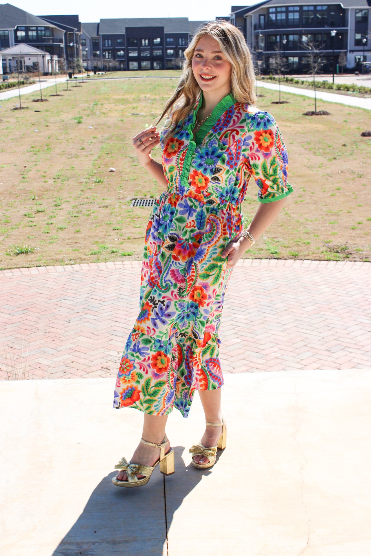 Mix Floral Midi Dress with Ruffle Trim