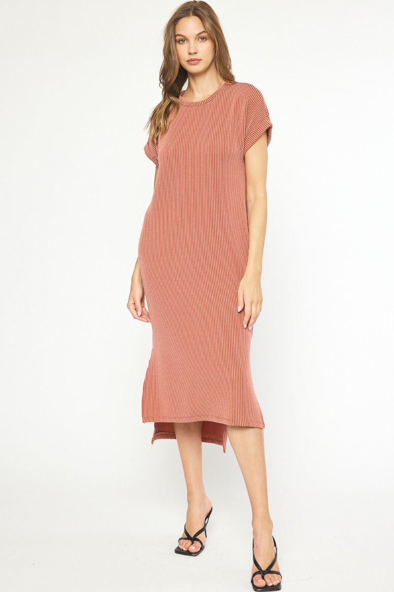 Model featuring rust ribbed t-shirt midi dress.