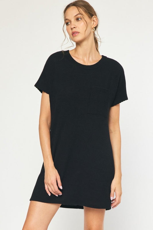 Model featuring black ribbed t-shirt dress.