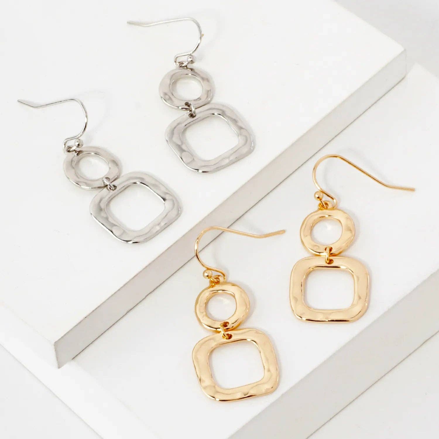 Wild Honey - Geometric Hammered Dual Tier Drop Earrings
