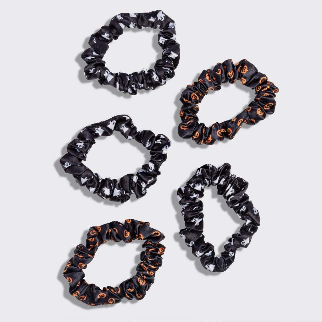 KITSCH - Ruched Satin Scrunchies 5pc Set - Ghosts & Pumpkins
