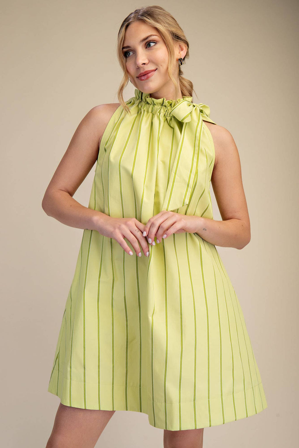 Ruffle Neck Tie Sleeveless Mini Dress