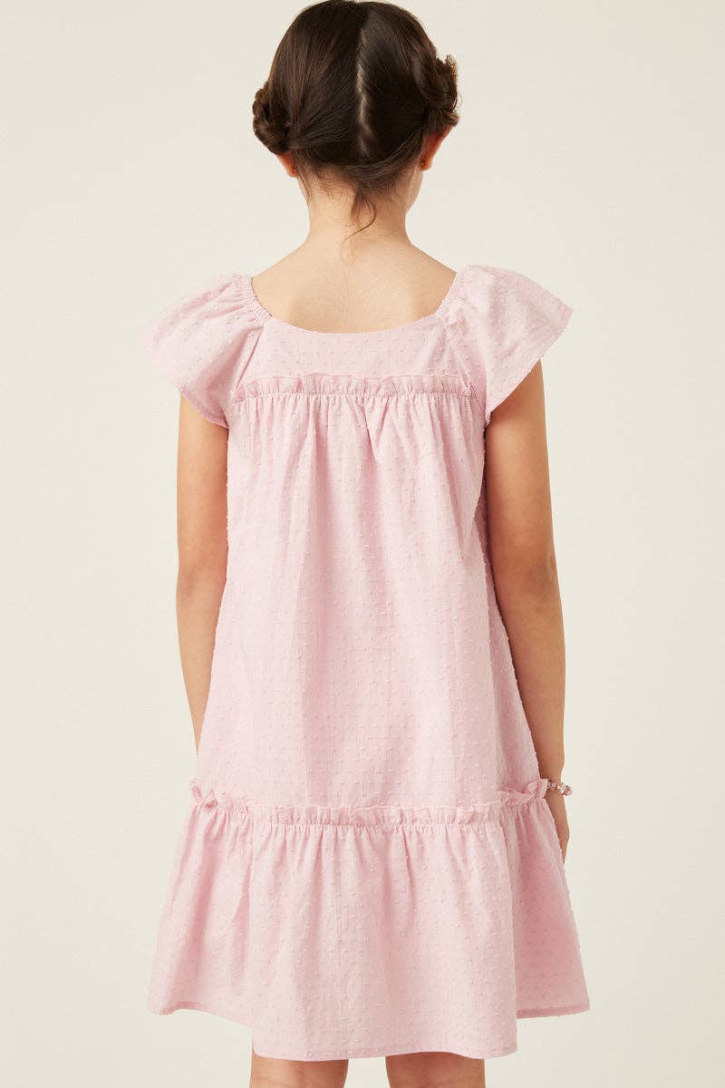 Girls Swiss Dot Ruffled Seamed Ruffle Shoulder Dress