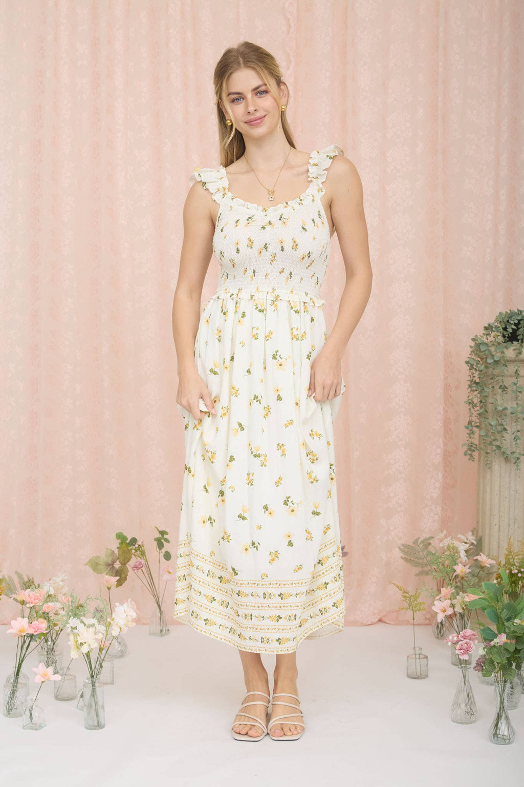 FLORAL SMOCKED RUFFLE DETAIL SLEEVELESS MIDI DRESS