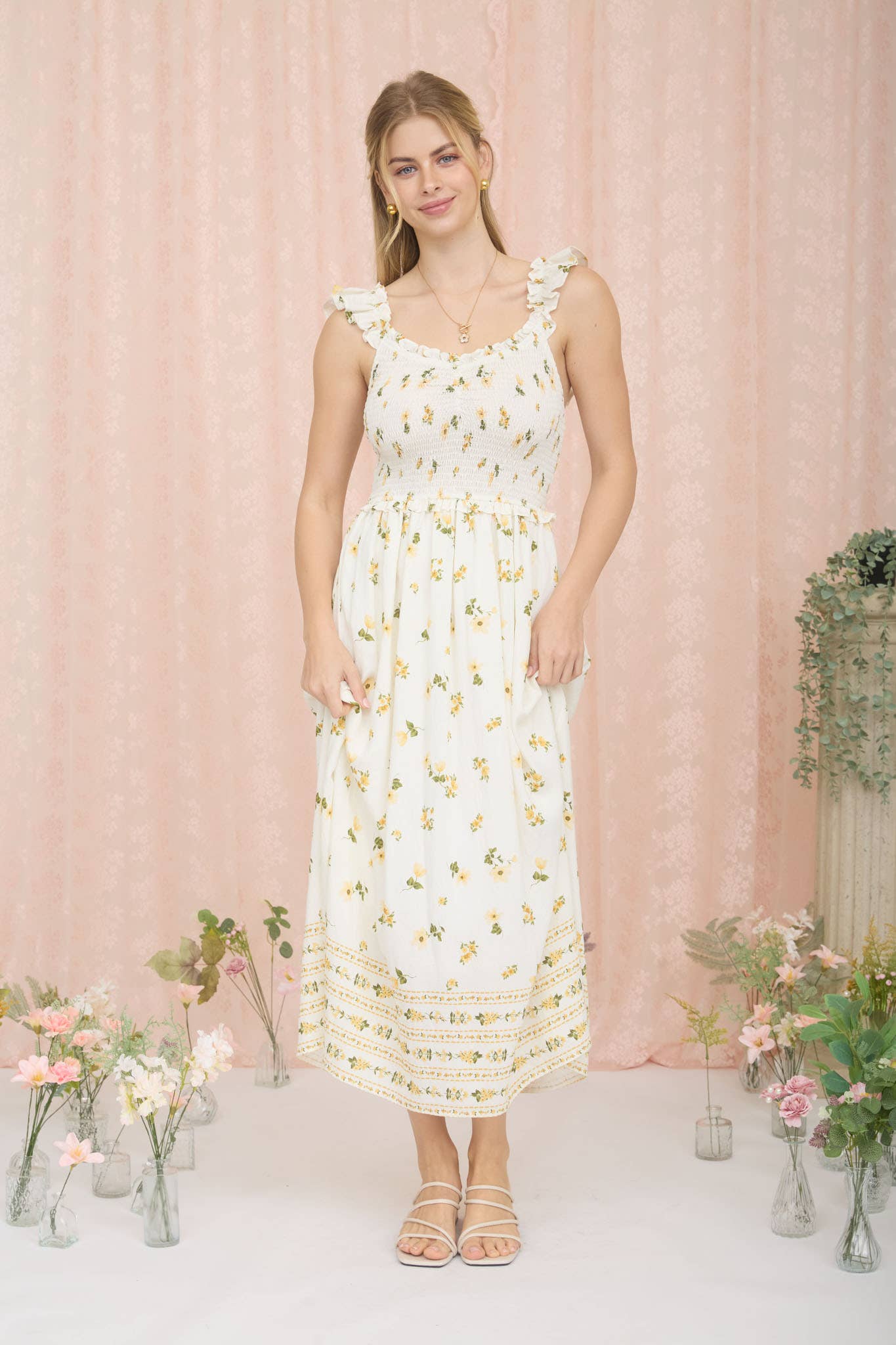 FLORAL SMOCKED RUFFLE DETAIL SLEEVELESS MIDI DRESS